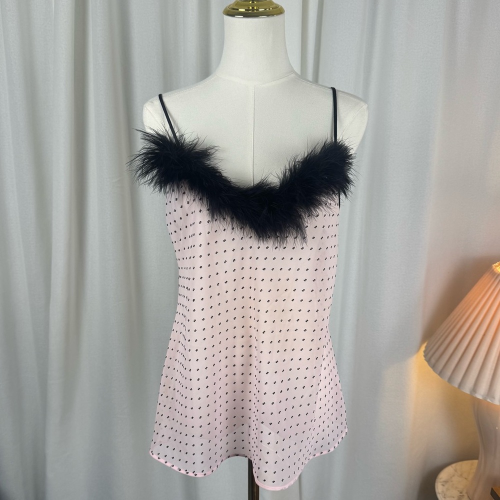Vintage Pink Polka Dot Camisole with Faux Fur Trim size Small